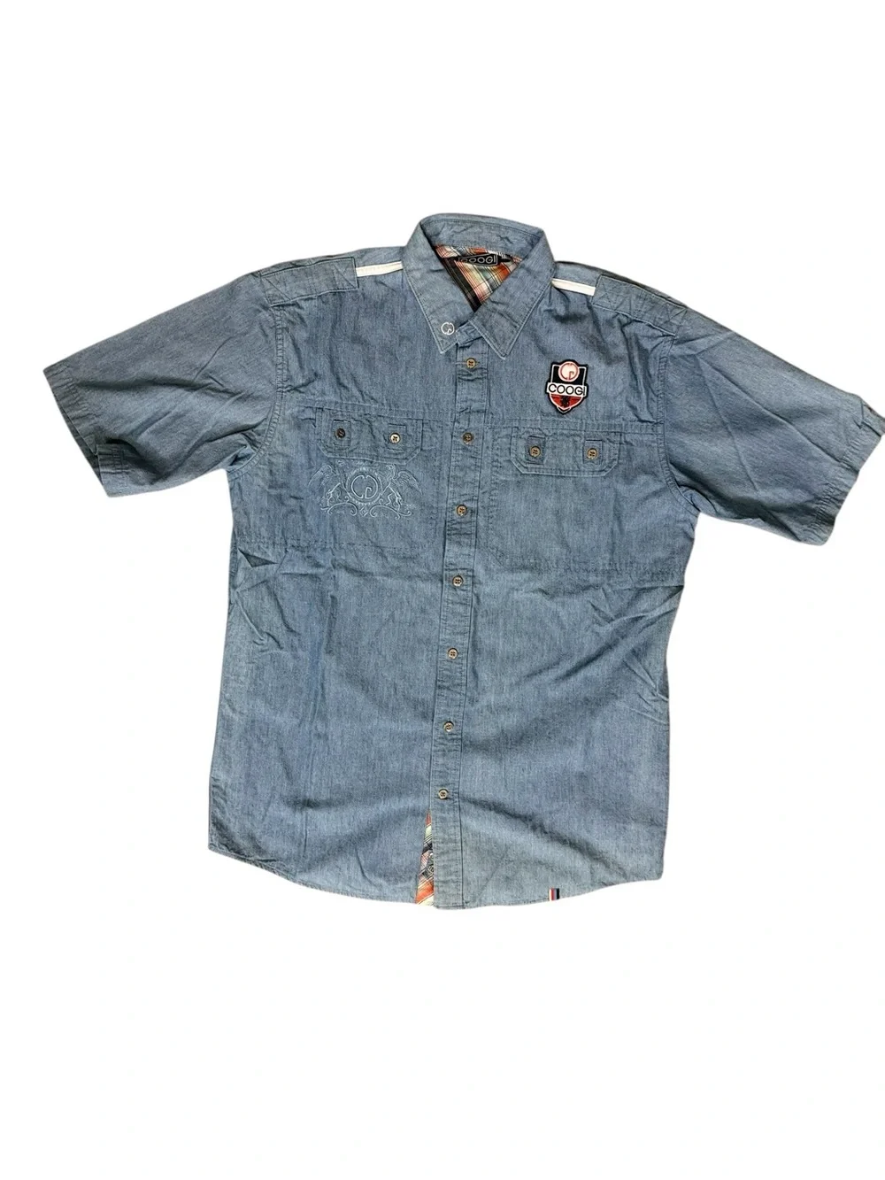 COOGI Australia Men's Chambray Short Sleeve Button Up Camp Shirt